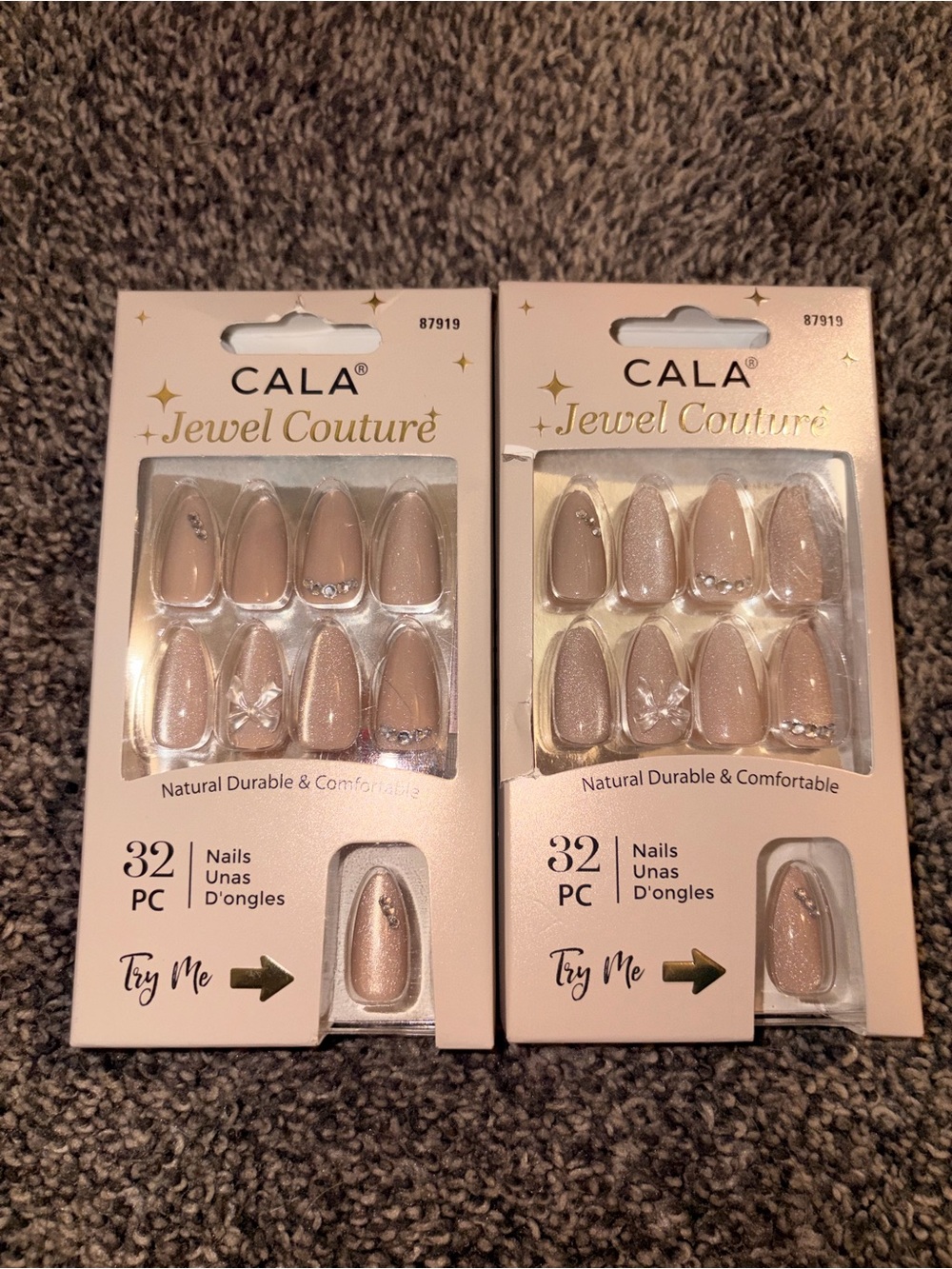 Cala Press On Nail Lot of 2 Jewel Couture Gems Bows Beige Glitter NEW